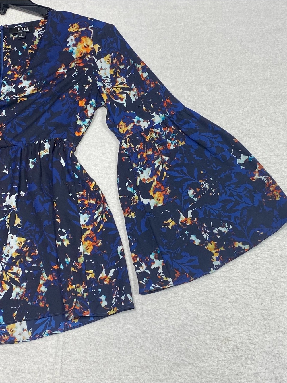 A.N.A. Floral Peplum Wrap Style Blouse Women's S Blue Black Bell Sleeves Flowy - Picture 5 of 13